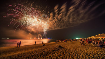 Fireworks are used at the New Year's party celebration at night on the beach.  AI generatorの素材