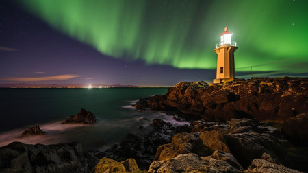 On the outskirts of Reykjavk, Iceland, The Grotta Lighthouse may be seen in a landscape photograph.  AI generatorの素材