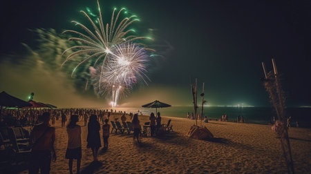 Fireworks are used at the New Year's party celebration at night on the beach.  AI generatorの素材