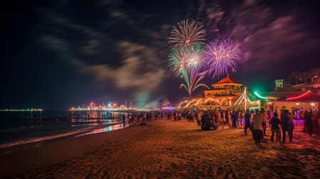 Fireworks are used at the New Year's party celebration at night on the beach.  AI generatorの素材
