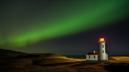 On the outskirts of Reykjavk, Iceland, The Grotta Lighthouse may be seen in a landscape photograph.  AI generatorの素材