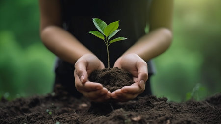 ecological Earth Day Tree seedlings are developing in their palms. Green bokeh Background A woman's hand is holding a tree on a grassy meadow in nature.  AI generatorの素材