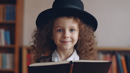girl with curly hair and a hat Standing in the classroom and addressing the camera is a young student holding a book. idea in education. AI generatorの素材