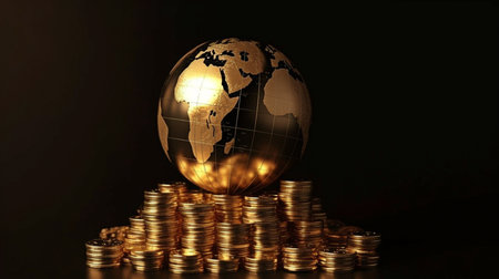 featuring a globe and coin stack. The world is fueled by money.  AI generatorの素材