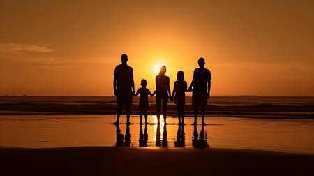 Silhouettes of a large, joyful family hugging each other on the beach as the sun sets in the west. AI generatorの素材