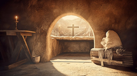 Jesus' tomb is empty, with crosses in the distance. Concept of Easter or the Resurrection. He has ascended.  The Generative AIの素材
