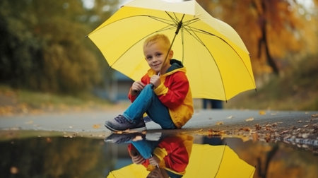Blonde boy with a smile playing with raindrops while holding rainbow umbrellas in a puddle. The Generative AIの素材