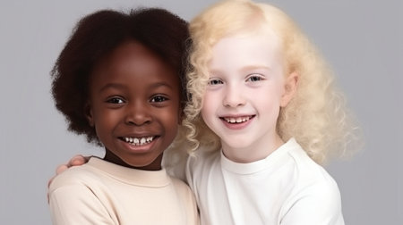 Children of several races and ethnicities posing with smiles for the camera, including an albino black youngster and joyful caucasian females. secluded in a studio.  The Generative AIの素材