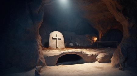 Jesus' tomb is empty, with crosses in the distance. Concept of Easter or the Resurrection. He has ascended.  The Generative AIの素材