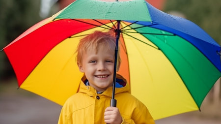 Blonde boy with a smile playing with raindrops while holding rainbow umbrellas in a puddle. The Generative AIの素材