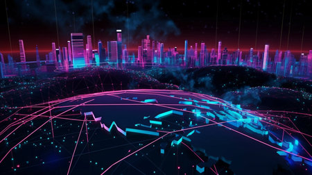 Concept of a neon future planet with a metaverse metropolis and technologies. 3D rendering. The Generative AIの素材