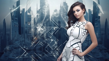Pretty girl with futuristic attire. Pleasant grin. Background of the future metropolis. urban technological hub. GENERATE AIの素材