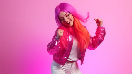 A young woman enjoying herself while dancing with pink hair. Portraits with colored gel with futuristic attire. Generative Aiの素材