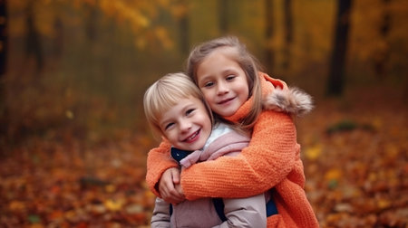 A little girl is cuddling her younger brother while grinning sweetly and enjoying herself amid a vibrant fall oak woodland. The Generative AIの素材