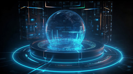 both virtual GUI and UI. Holograms and portals, sci-fi, future cyberpunk technologies, and a bright HUD projector.   The Generative AIの素材