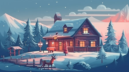 Beautiful winter home, mountaintop Christmas tree, and Santa Claus pulling a sleigh loaded with presents. GENERATE AIの素材