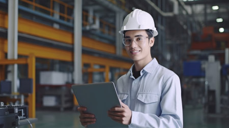 Engineer male focusing on the camera. working in factories. GENERATE AIの素材