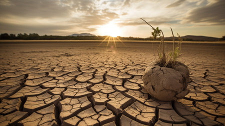 Due to global warming, the earth is fractured, the rain does not fall according to the season, and there is a drought. idea of change brought upon by global warming. GENERATE AIの素材