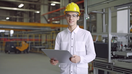 Engineer male focusing on the camera. working in factories. GENERATE AIの素材