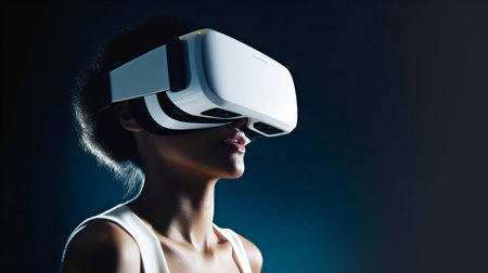 User interacting with the virtual reality, metaverse, and digital worlds concepts while wearing a VR headset. GENERATE AIの素材