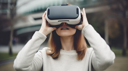 User interacting with the virtual reality, metaverse, and digital worlds concepts while wearing a VR headset. GENERATE AIの素材