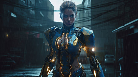 Female combat robot with a complete body display that is both mechanical and human. GENERATE AIの素材