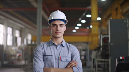 Engineer male focusing on the camera. working in factories. GENERATE AIの素材