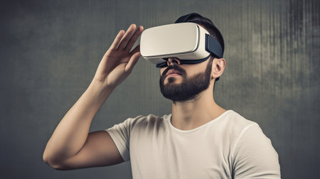 User interacting with the virtual reality, metaverse, and digital worlds concepts while wearing a VR headset. GENERATE AIの素材
