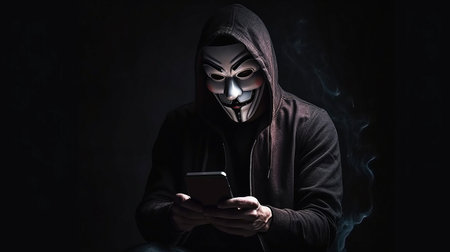 notion of digital danger safety Anonymous hacker in a mask carrying a smartphone with compromised cyber data and personal information. GENERATE AIの素材