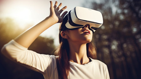 User interacting with the virtual reality, metaverse, and digital worlds concepts while wearing a VR headset. GENERATE AIの素材