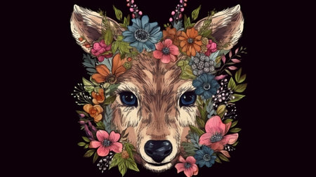 Bohemian Wild Animal Portrait, Beautiful Animal Illustration, Realistic Boho Wild Animal, Animal Portrait Made of Flowers and Leaves, Flora and Fauna. GENERATE AIの素材