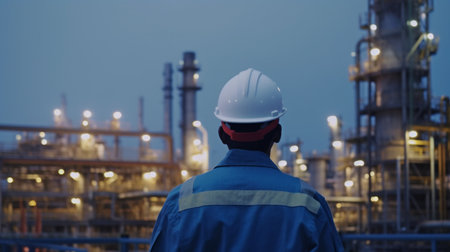 An engineer in the petrochemical sector looks back at a huge petroleum facility. GENERATE AIの素材