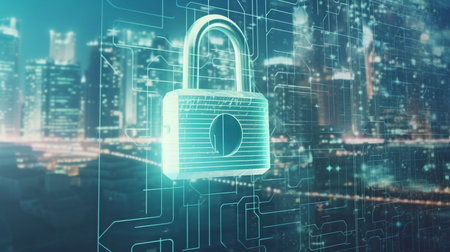 Abstract holographic luminous padlock against hazy cityscape. Concept of security, safety, and data protection. two exposures. GENERATE AIの素材