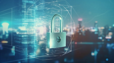 Abstract holographic luminous padlock against hazy cityscape. Concept of security, safety, and data protection. two exposures. GENERATE AIの素材