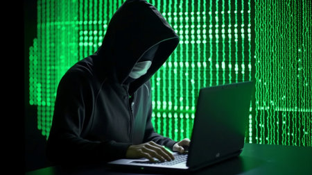 Devastating attacks on encrypted machines are carried out by hackers using hackpack servers and pages of green binary code. GENERATE AIの素材
