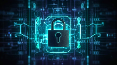 Future technological network backdrop idea with HUD and Lock Icon, neon lightning cyber security of digital data network protection. GENERATE AIの素材