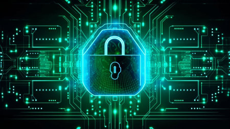 Future technological network backdrop idea with HUD and Lock Icon, neon lightning cyber security of digital data network protection. GENERATE AIの素材
