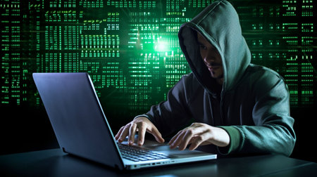 Devastating attacks on encrypted machines are carried out by hackers using hackpack servers and pages of green binary code. GENERATE AIの素材
