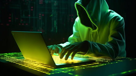 Breach of Yandex. Battle of the cyber hackers on a future laptop. backlit neon with a cyber feel. Matrix. GENERATE AIの素材