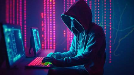 Yandex Breach hacker, neon cyber vibes. Matrix. GENERATE AIの素材