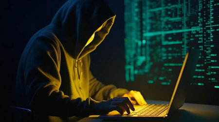 Breach of Yandex. Battle of the cyber hackers on a future laptop. backlit neon with a cyber feel. Matrix. GENERATE AIの素材