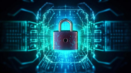Future technological network backdrop idea with HUD and Lock Icon, neon lightning cyber security of digital data network protection. GENERATE AIの素材