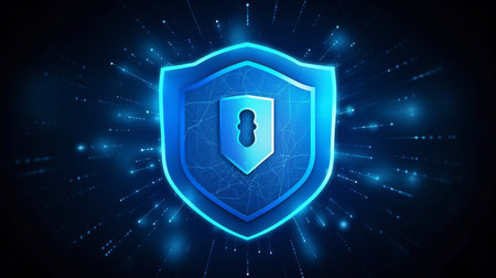 data security and protection worldwide business internet technology privacy emblem on a blue abstract backdrop 3D representation of a data privacy protection idea.  GENERATE AIの素材