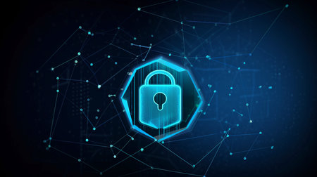 data security and protection worldwide business internet technology privacy emblem on a blue abstract backdrop 3D representation of a data privacy protection idea.  GENERATE AIの素材