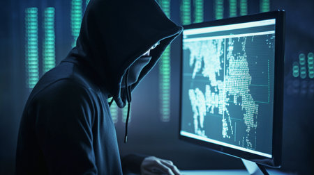 Data secure hacking interface is attacked by cybercriminals.  GENERATE AIの素材