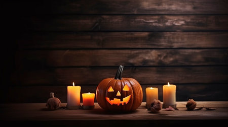 Candles and a Halloween pumpkin on a wooden plank in a spooky night. GENERATE AIの素材