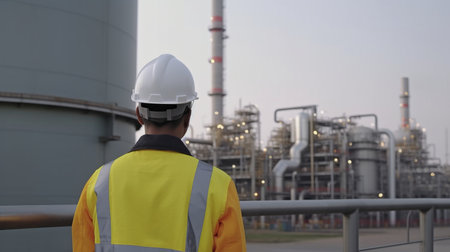 An engineer in the petrochemical sector looks back at a huge petroleum facility. GENERATE AIの素材