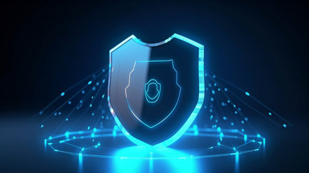data security and protection worldwide business internet technology privacy emblem on a blue abstract backdrop 3D representation of a data privacy protection idea.  GENERATE AIの素材