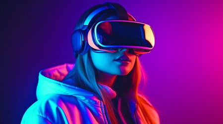 girl wearing glasses for virtual reality. Future technology design concept. Metaverse movement.vivid neon lights. GENERATE AIの素材