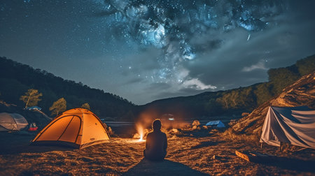 Active female hiker relaxing while camping at night in the mountains beneath a gorgeous night sky filled with stars and the Milky Way. Photograph shows a woman tourist standing behind a bonfire and two lit tents. GENERATE AIの素材